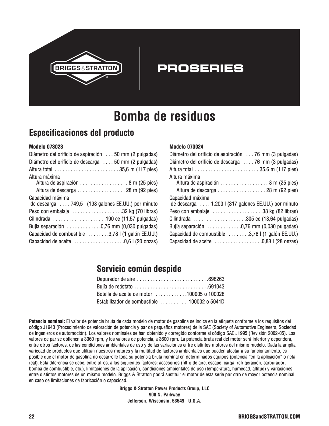 Briggs & Stratton 205378GS manual Bomba de residuos, Especificaciones del producto, Servicio común despide, Modelo 