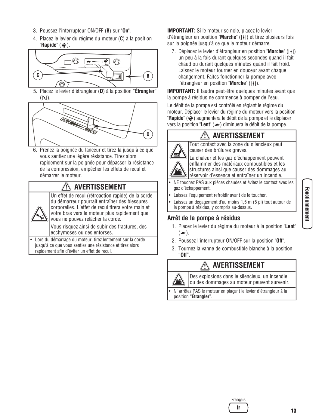 Briggs & Stratton 205378GS manual Arrêt de la pompe à résidus, Avertissement 