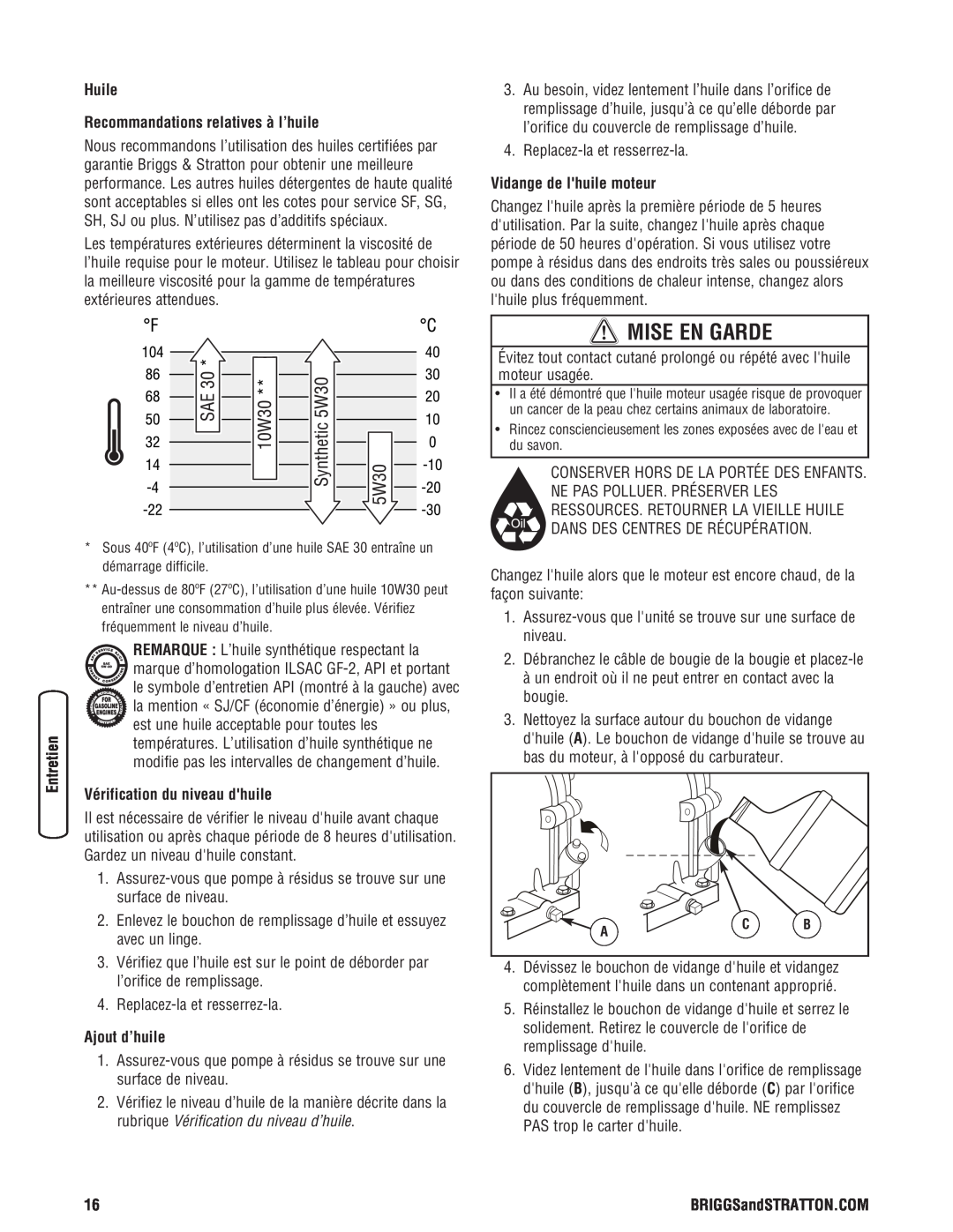 Briggs & Stratton 205378GS manual Huile Recommandations relatives à l’huile, Vérification du niveau dhuile, Ajout d’huile 