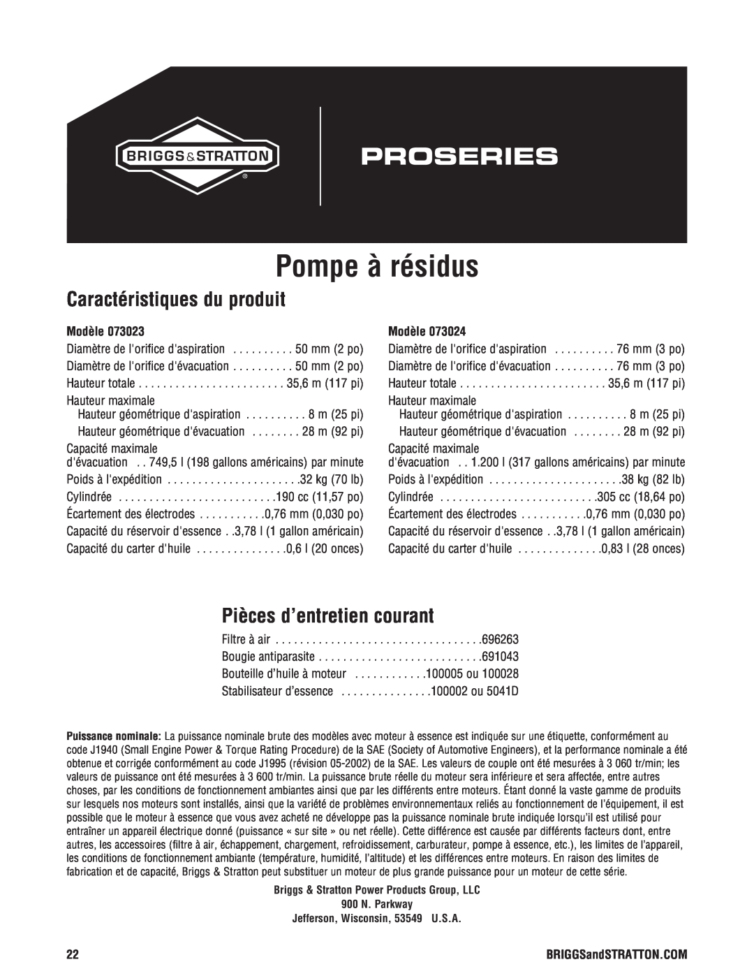 Briggs & Stratton 205378GS manual Caractéristiques du produit, Pièces d’entretien courant, Modèle, Pompe à résidus 