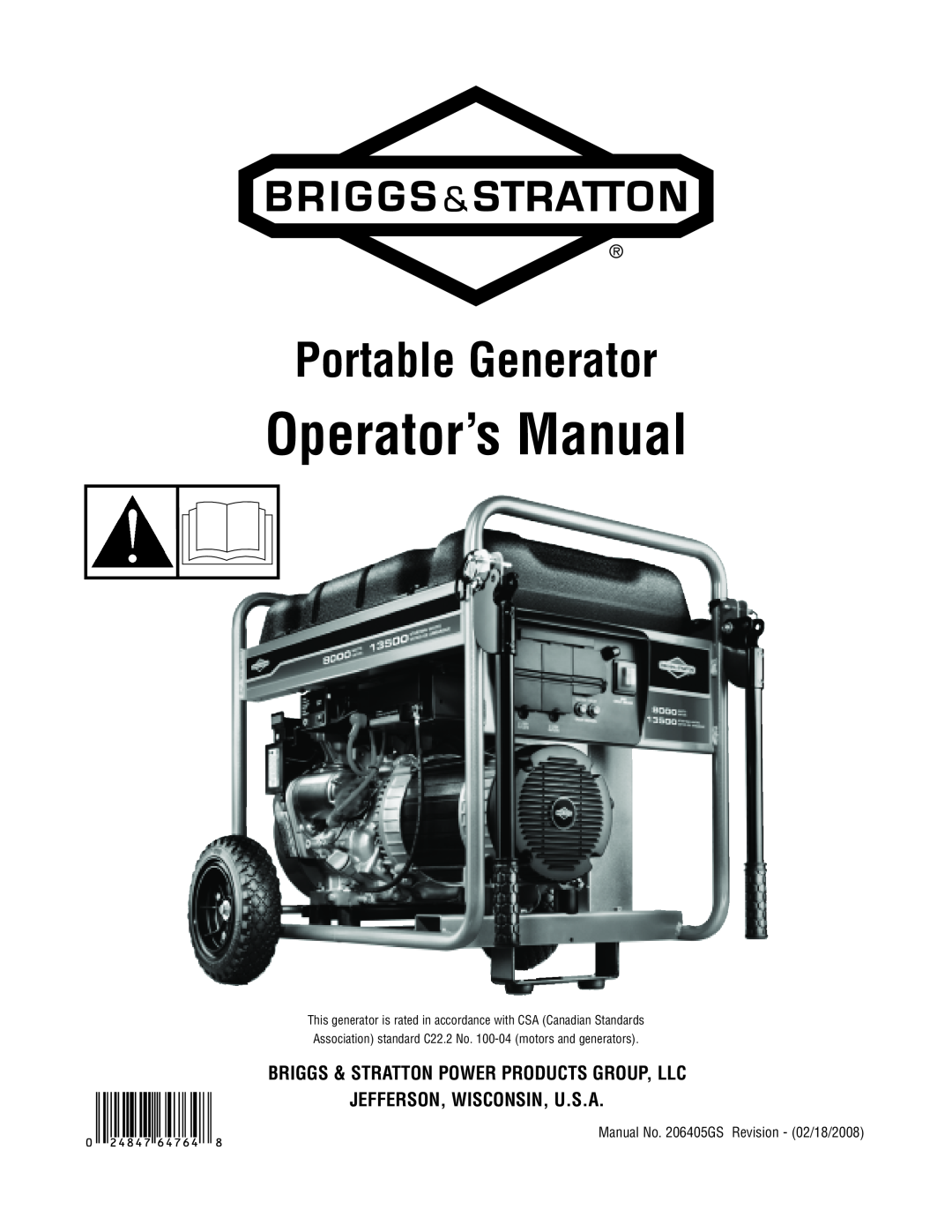 Briggs & Stratton 206405GS manual Operator’s Manual, Portable Generator, Briggs & Stratton Power Products Group, Llc 