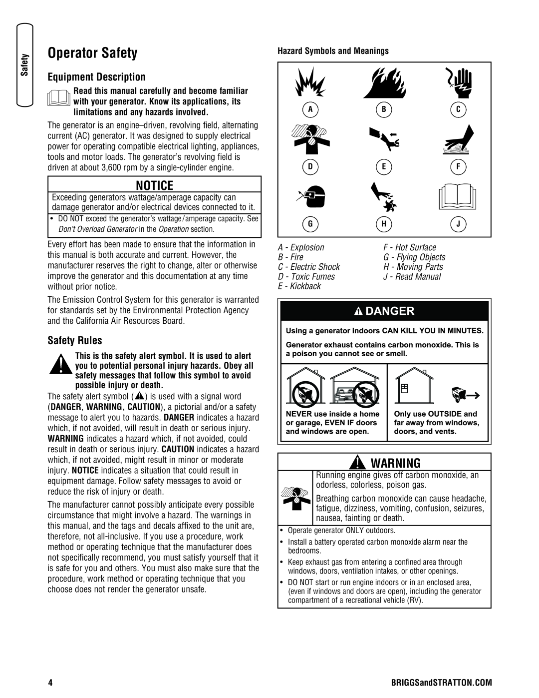 Briggs & Stratton 206405GS Operator Safety, Equipment Description, Safety Rules, Hazard Symbols and Meanings, B - Fire 