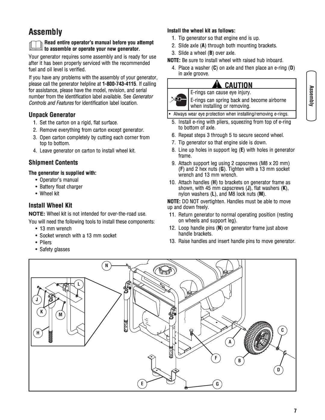 Briggs & Stratton 206405GS manual Assembly, Unpack Generator, Shipment Contents, Install Wheel Kit 