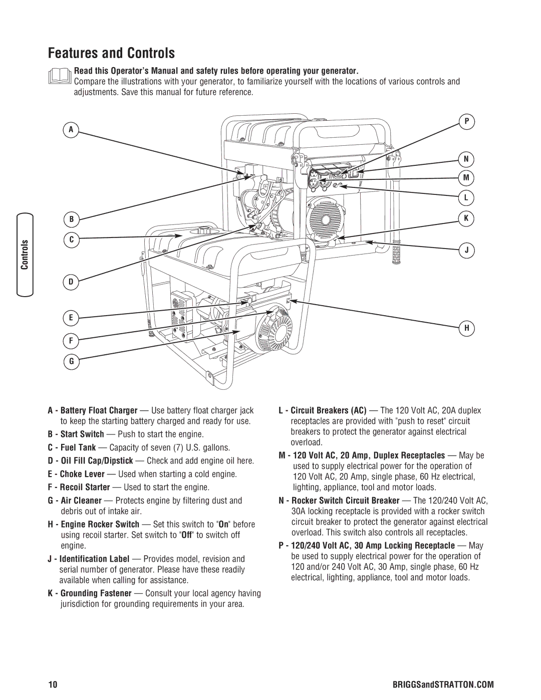 Briggs & Stratton 206405GS manual Features and Controls 