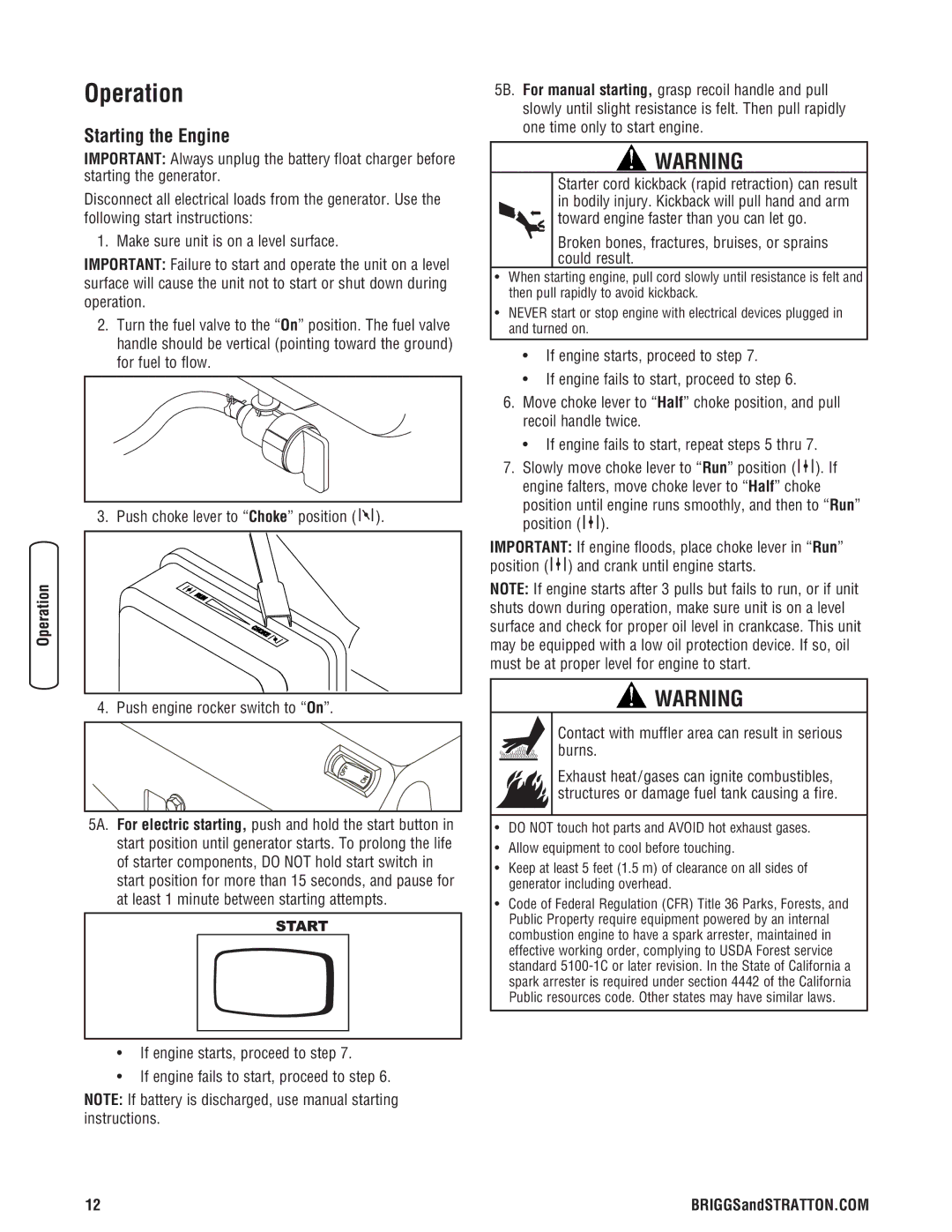 Briggs & Stratton 206405GS manual Operation, Starting the Engine 