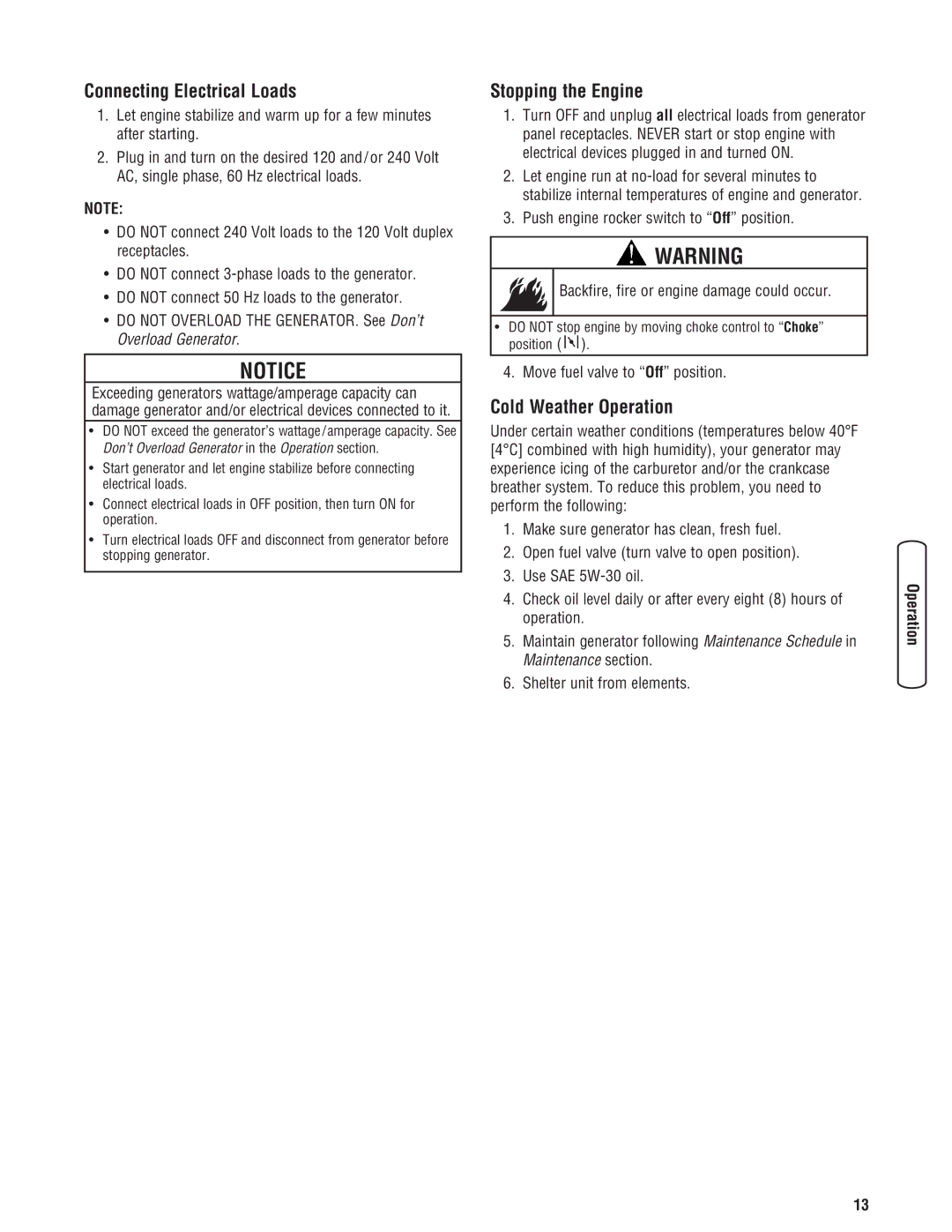 Briggs & Stratton 206405GS manual Connecting Electrical Loads, Stopping the Engine, Cold Weather Operation 