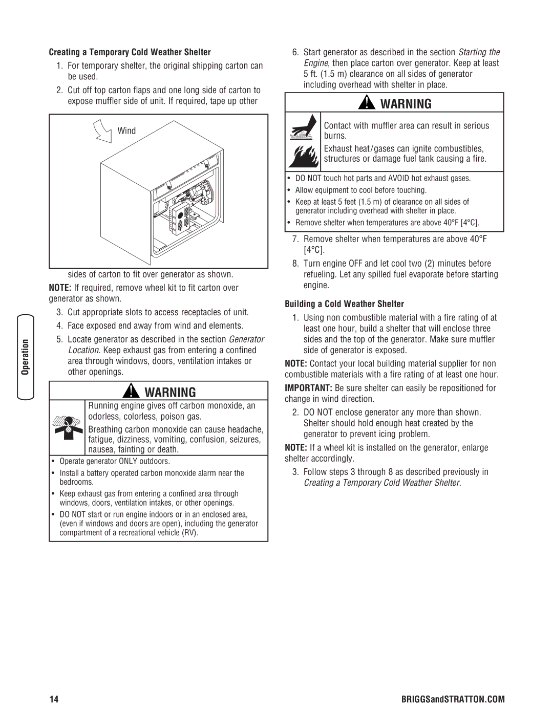 Briggs & Stratton 206405GS manual Creating a Temporary Cold Weather Shelter, Building a Cold Weather Shelter 