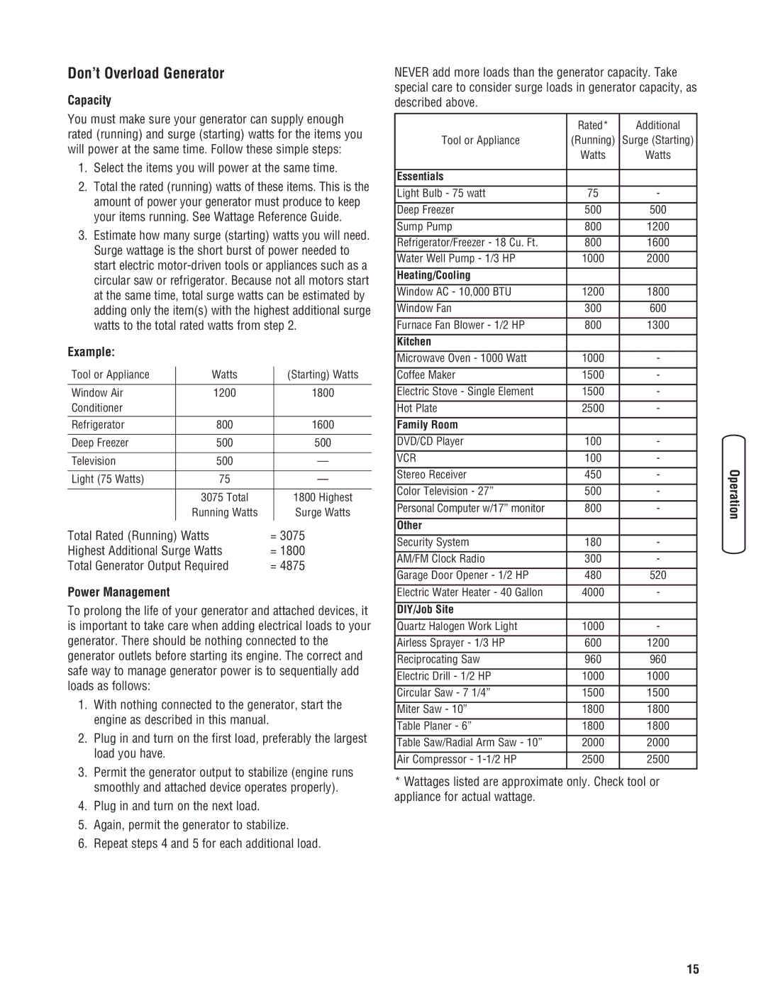 Briggs & Stratton 206405GS Don’t Overload Generator, Capacity, Select the items you will power at the same time, Example 