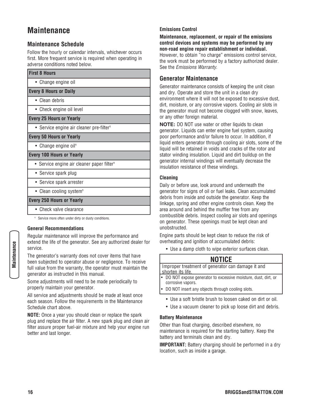 Briggs & Stratton 206405GS manual Maintenance Schedule, Generator Maintenance 