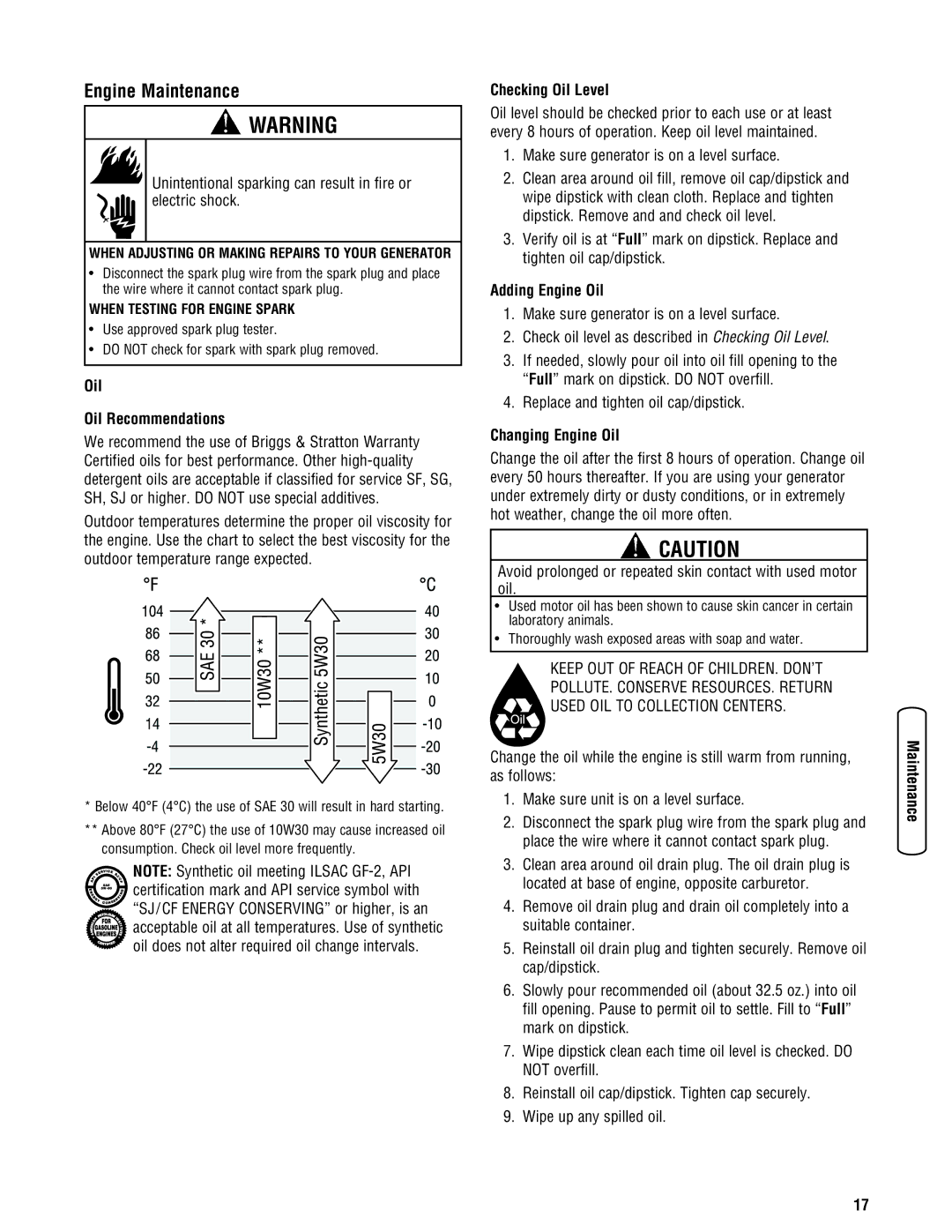 Briggs & Stratton 206405GS manual Engine Maintenance, Oil Oil Recommendations, Checking Oil Level, Adding Engine Oil 