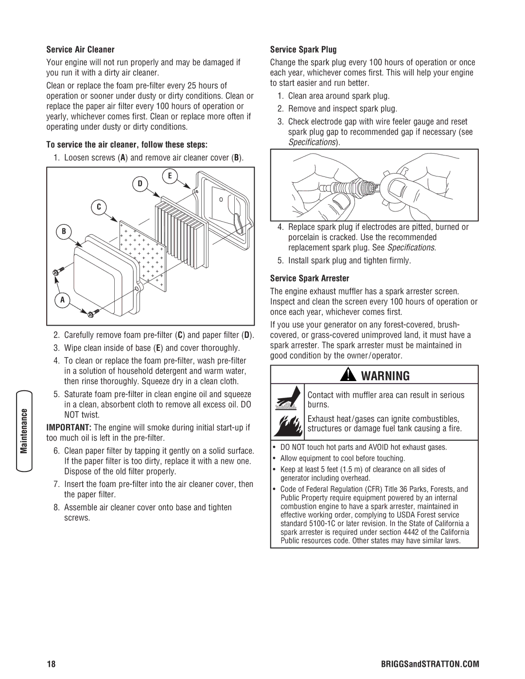 Briggs & Stratton 206405GS manual Service Air Cleaner, To service the air cleaner, follow these steps, Service Spark Plug 