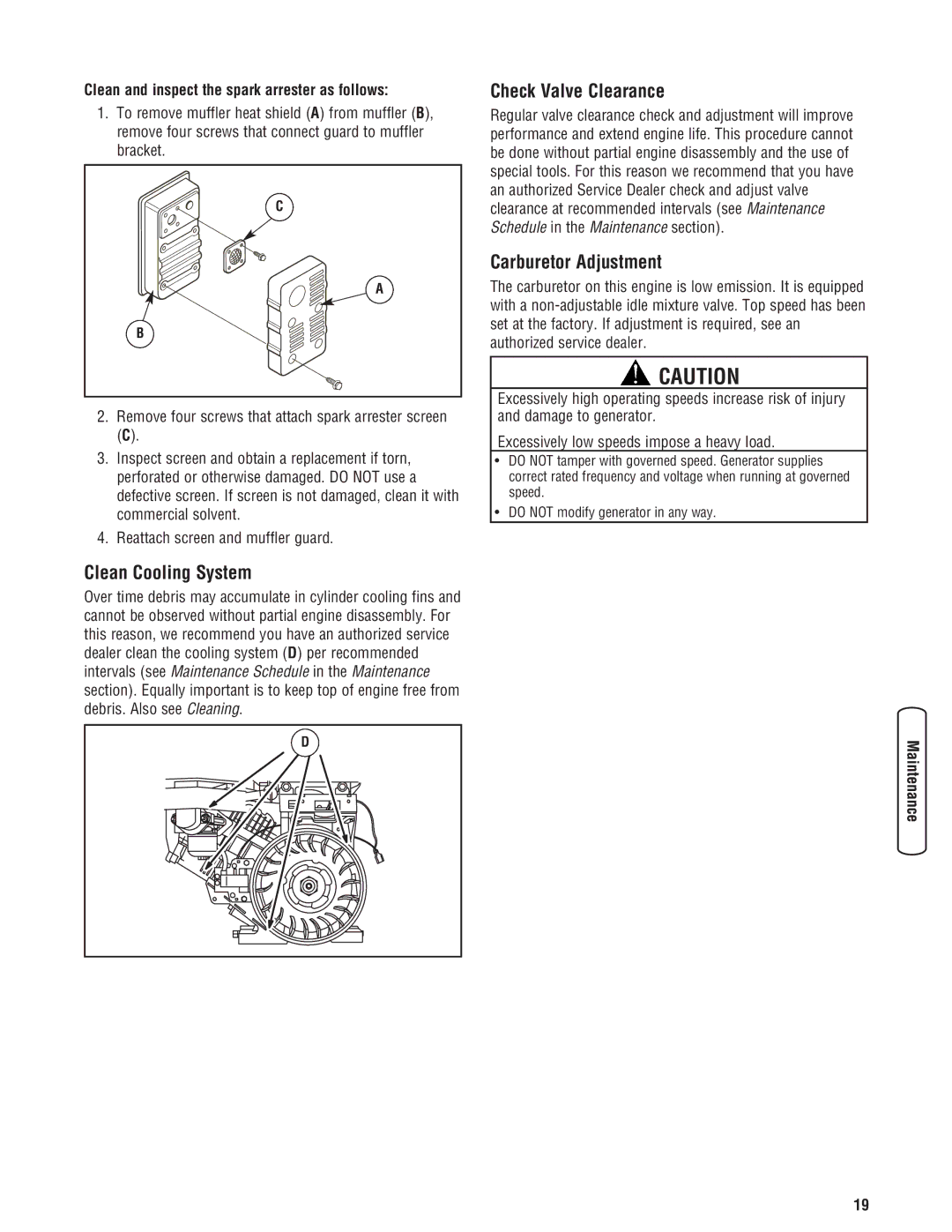 Briggs & Stratton 206405GS manual Clean Cooling System, Check Valve Clearance, Carburetor Adjustment 