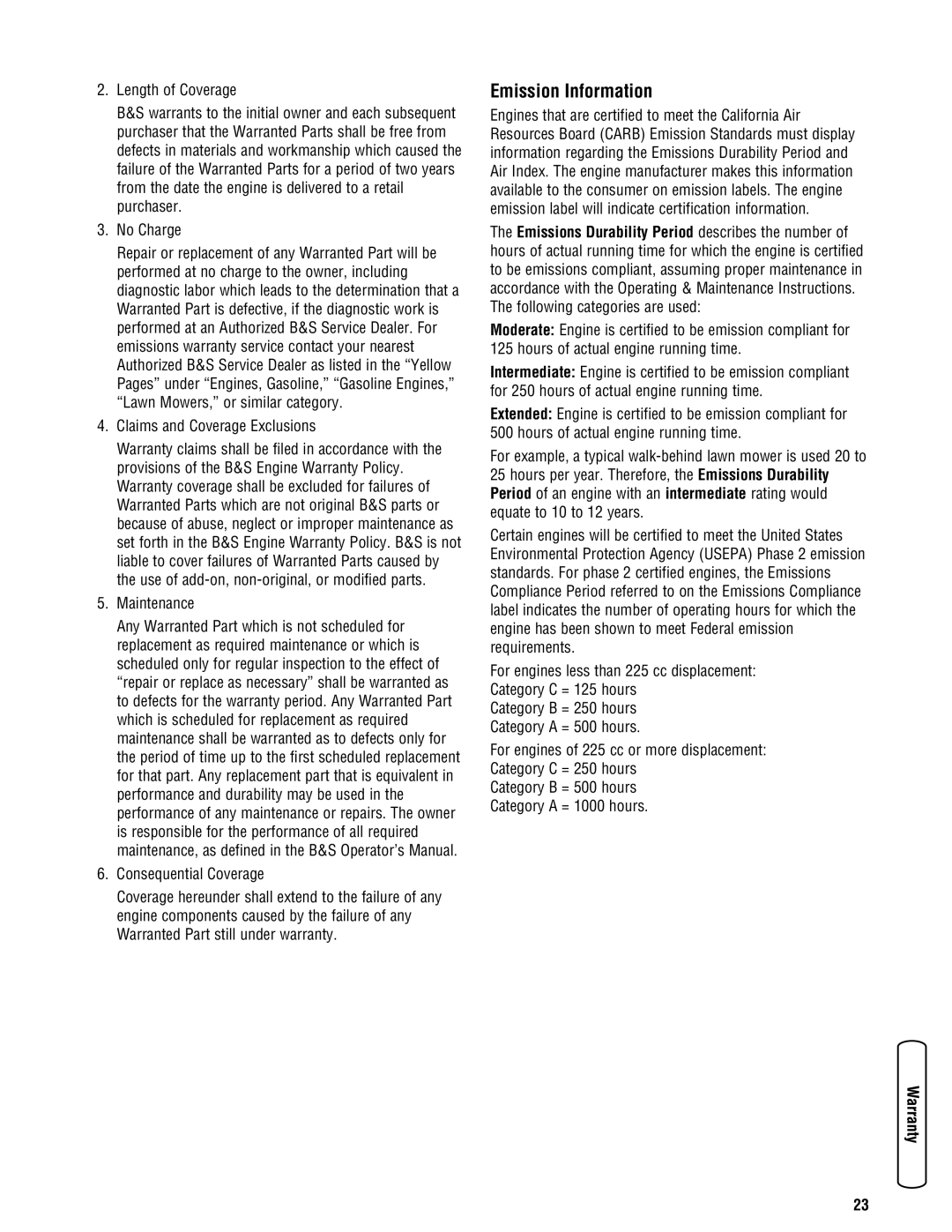 Briggs & Stratton 206405GS manual Emission Information, Claims and Coverage Exclusions, Maintenance 