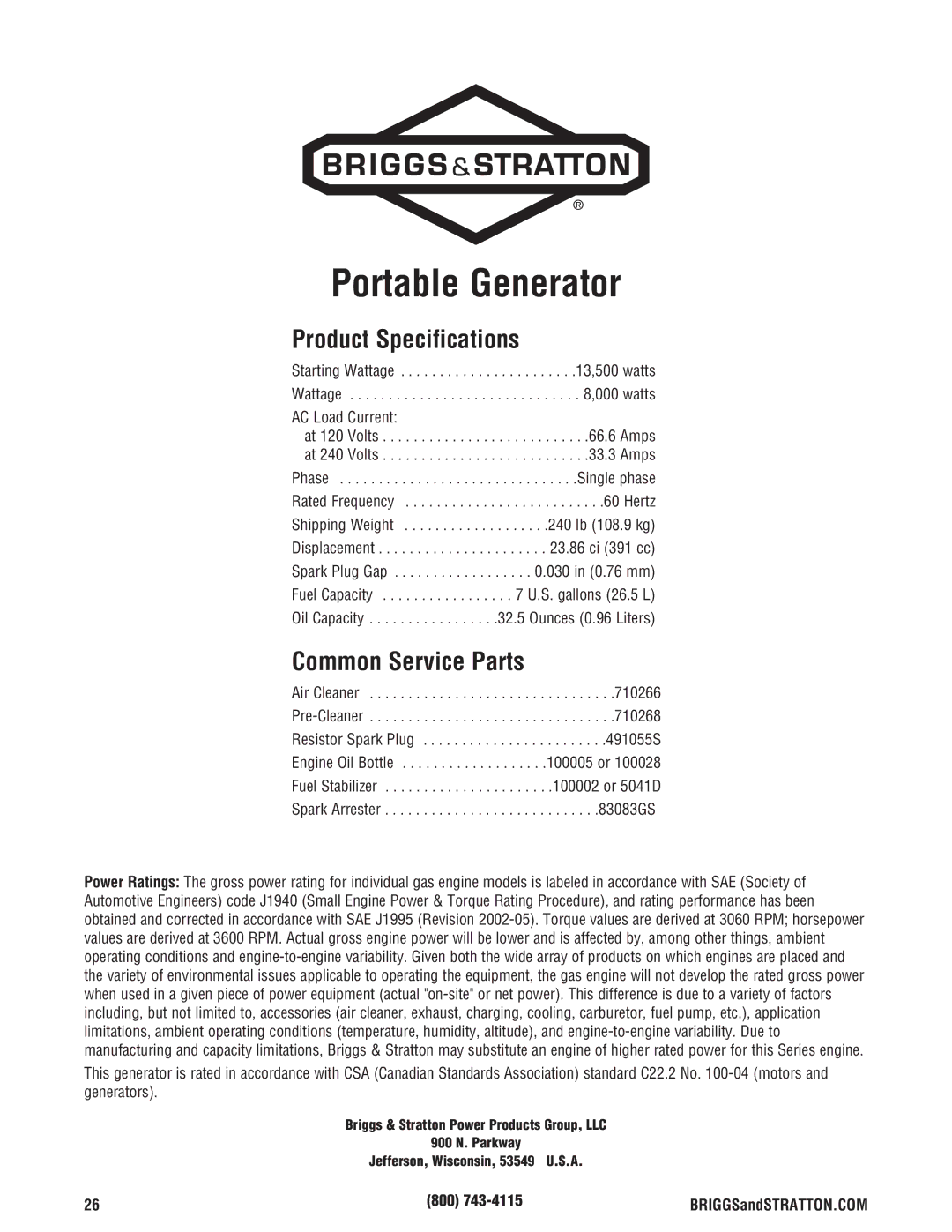 Briggs & Stratton 206405GS manual Product Specifications, Common Service Parts, AC Load Current, 800 