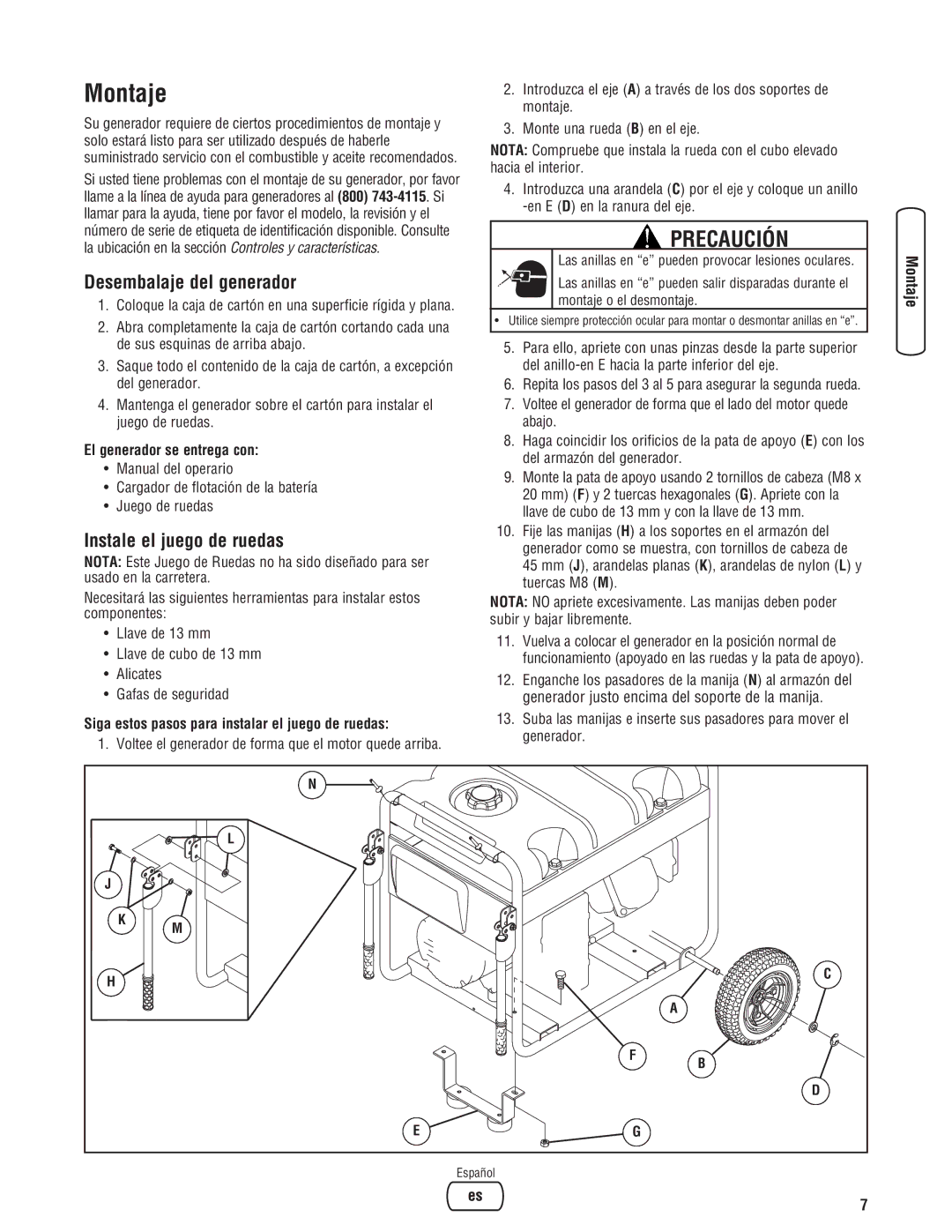 Briggs & Stratton 206405GS Montaje, Desembalaje del generador, Instale el juego de ruedas, El generador se entrega con 