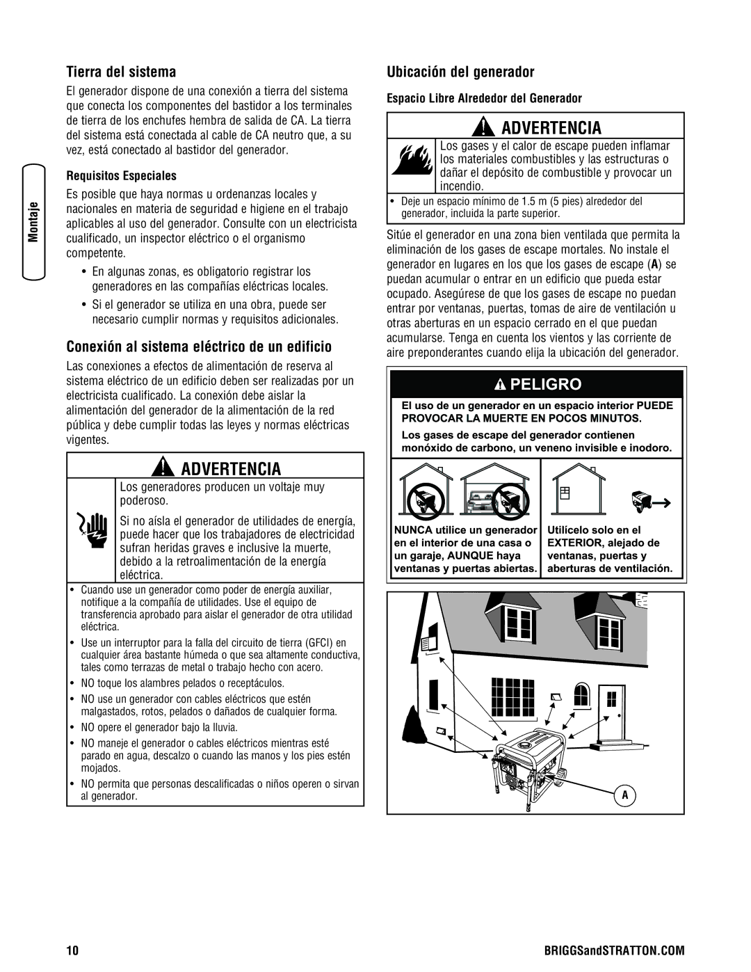 Briggs & Stratton 206405GS manual Tierra del sistema, Conexión al sistema eléctrico de un edificio, Ubicación del generador 