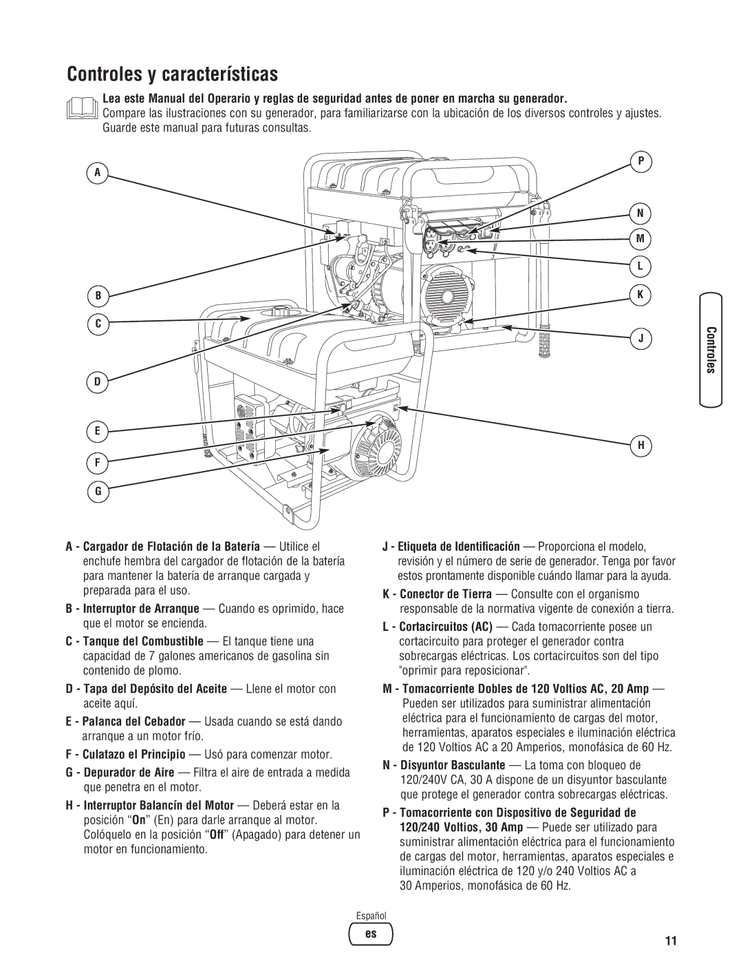 Briggs & Stratton 206405GS manual Controles y características, Amperios, monofásica de 60 Hz 