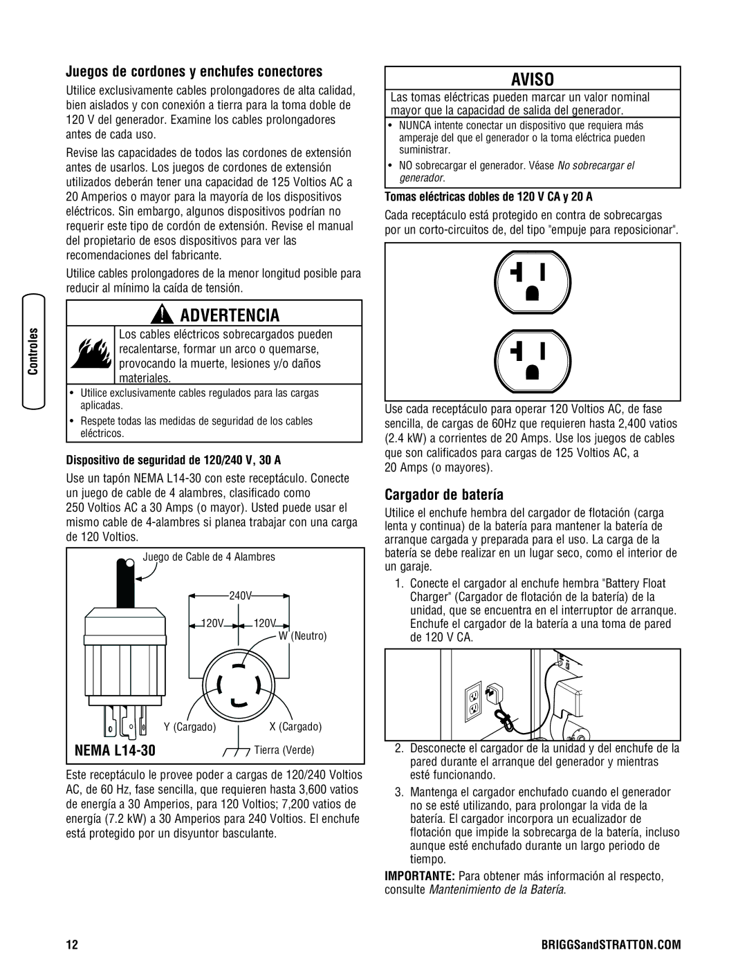 Briggs & Stratton 206405GS manual Juegos de cordones y enchufes conectores, Cargador de batería, Amps o mayores 