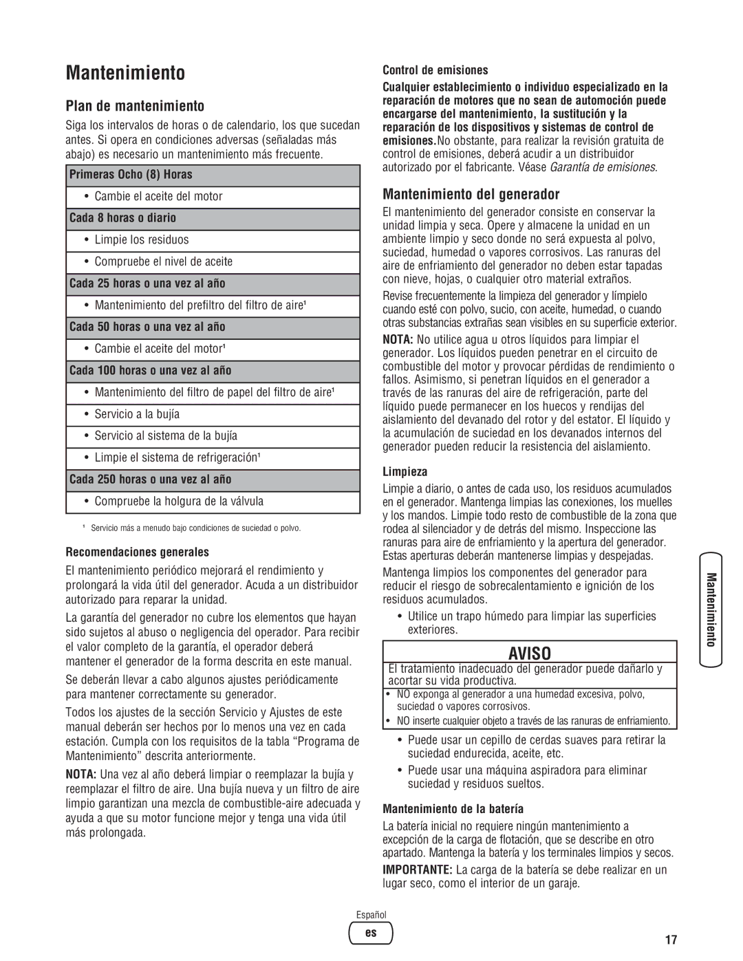 Briggs & Stratton 206405GS manual Plan de mantenimiento, Mantenimiento del generador 