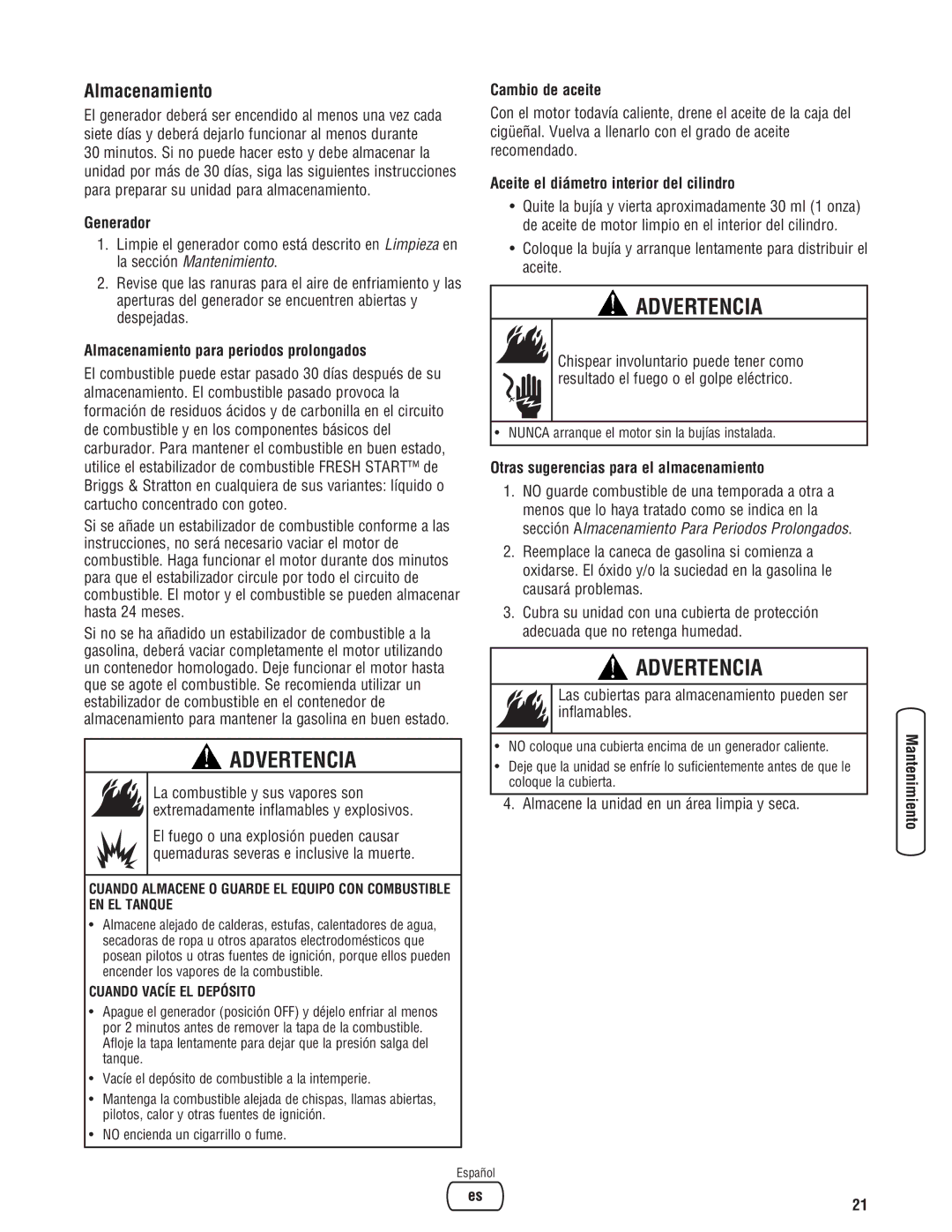 Briggs & Stratton 206405GS manual Almacenamiento 