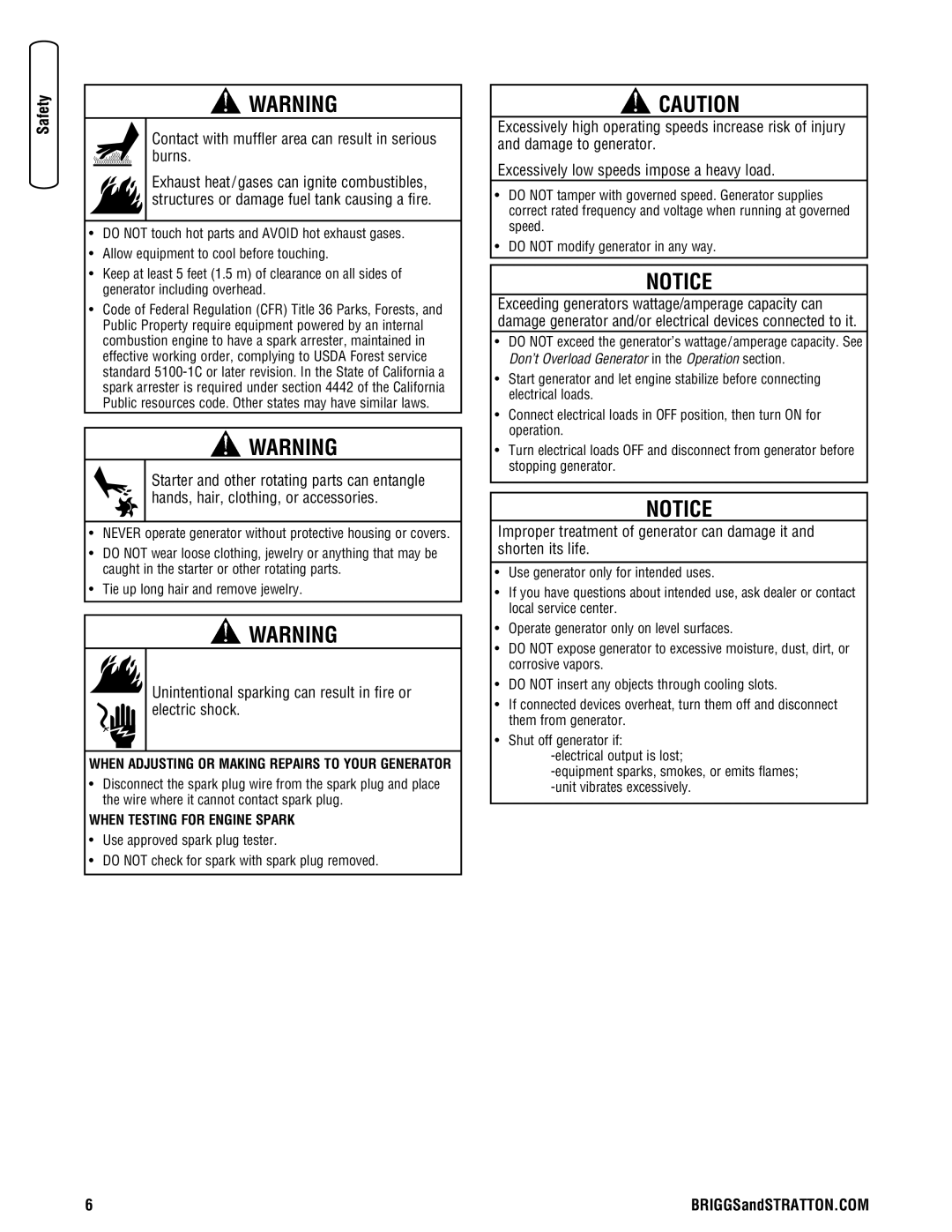 Briggs & Stratton 206405GS manual Contact with muffler area can result in serious burns, When Testing for Engine Spark 