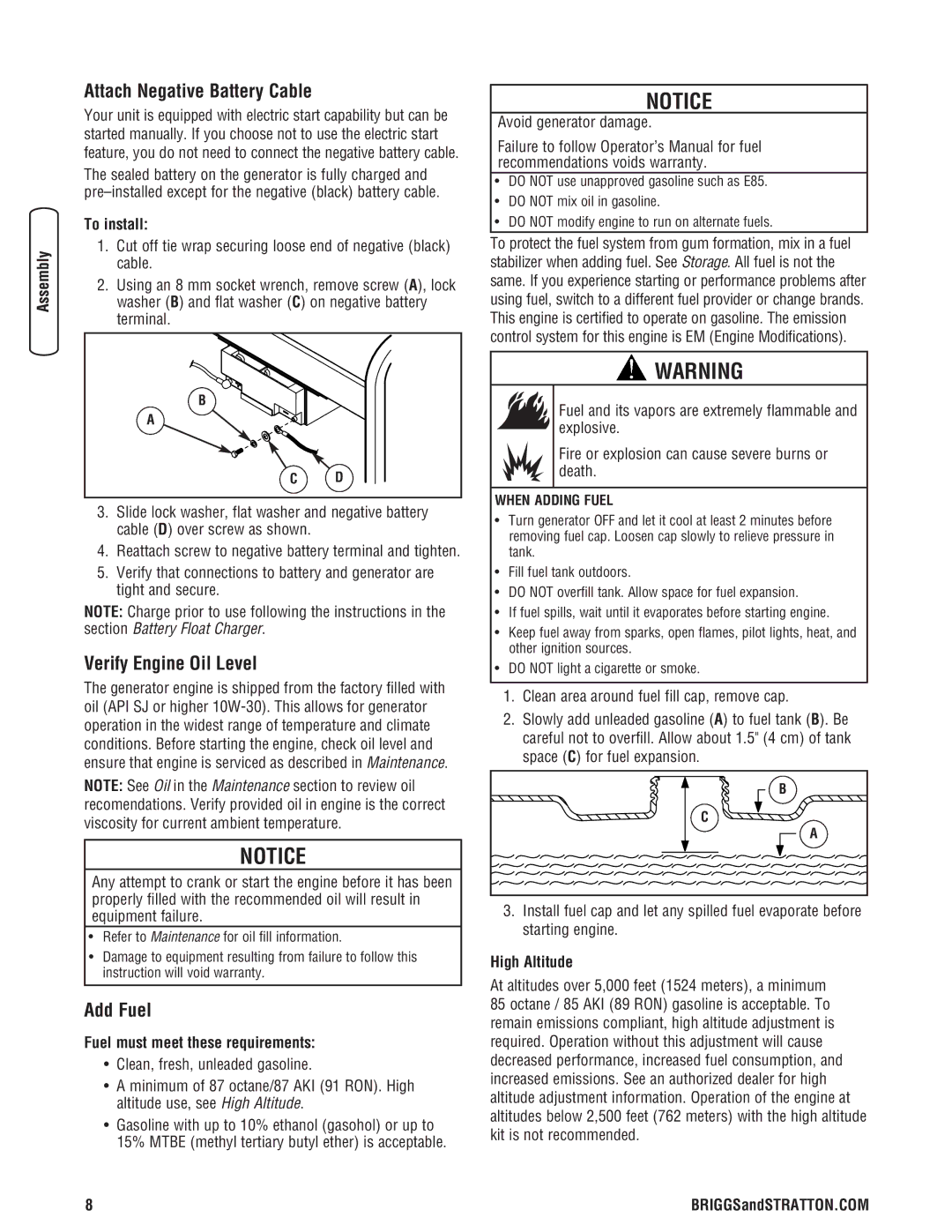 Briggs & Stratton 206405GS manual Attach Negative Battery Cable, Verify Engine Oil Level, Add Fuel 