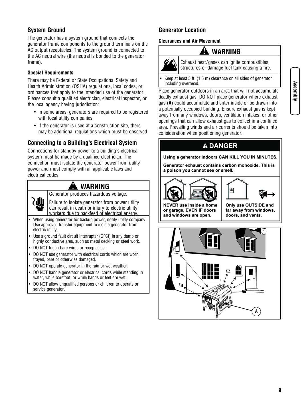 Briggs & Stratton 206405GS manual System Ground, Connecting to a Building’s Electrical System, Generator Location 