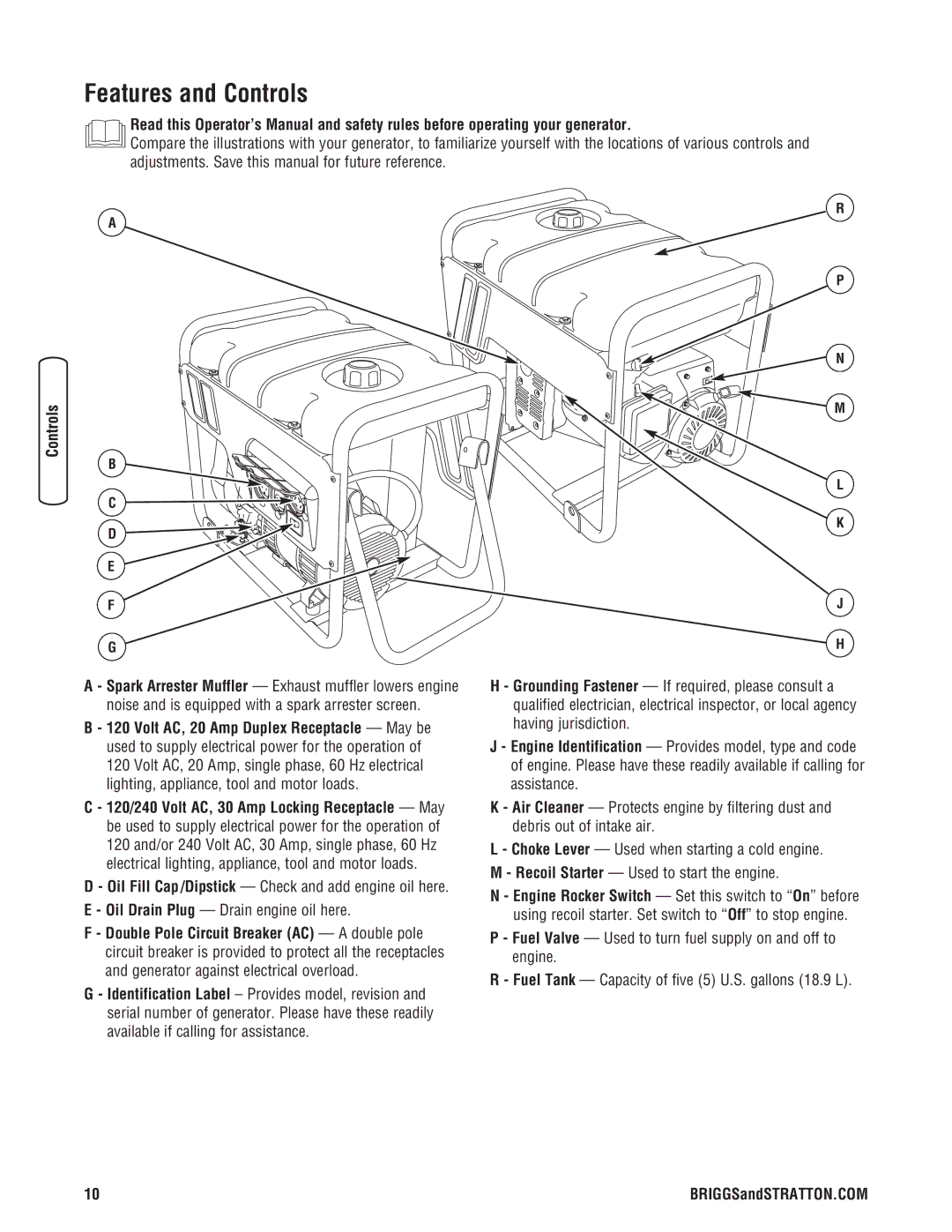 Briggs & Stratton 206494GS manual Features and Controls 