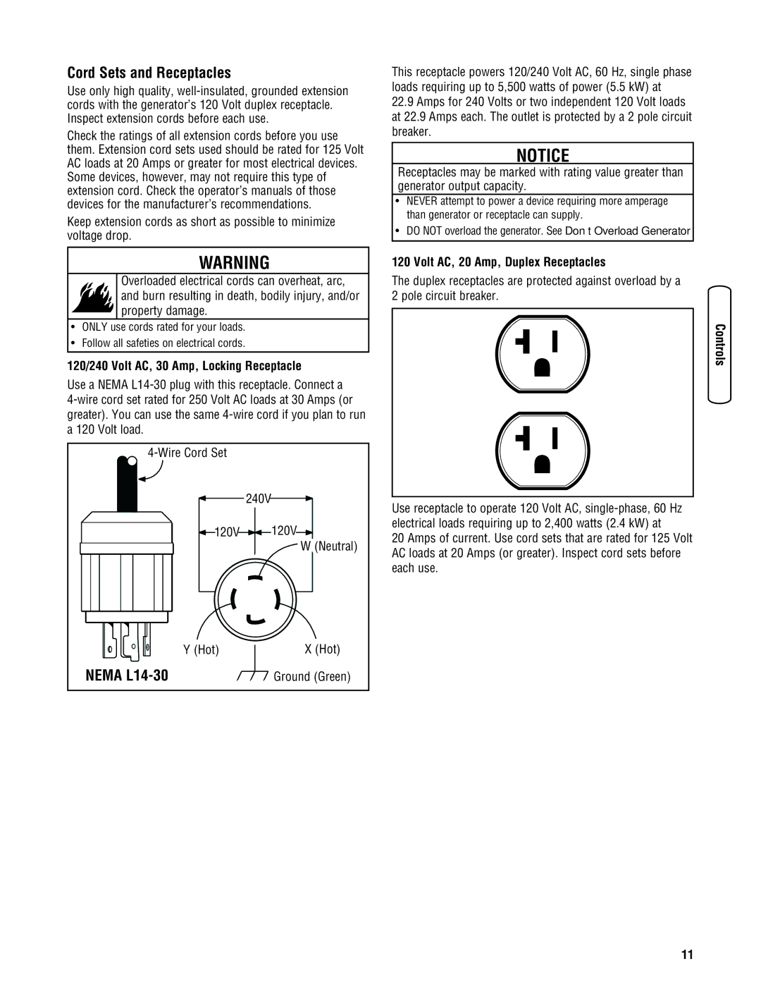 Briggs & Stratton 206494GS manual Cord Sets and Receptacles, Nema L14-30, 120/240 Volt AC, 30 Amp, Locking Receptacle 