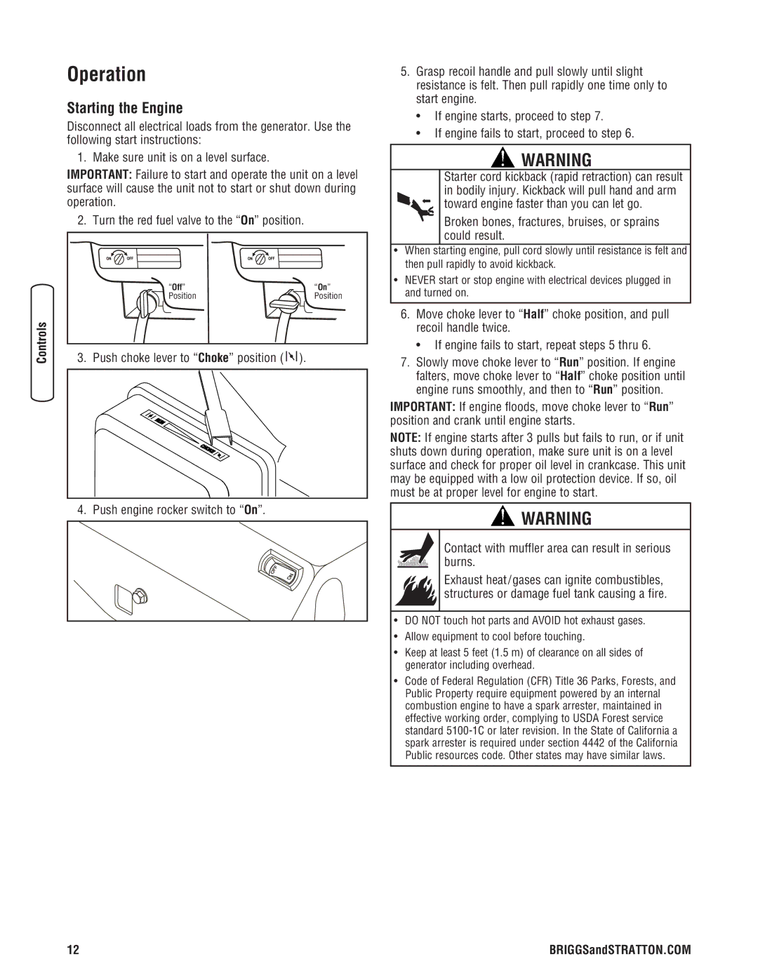 Briggs & Stratton 206494GS manual Operation, Starting the Engine 