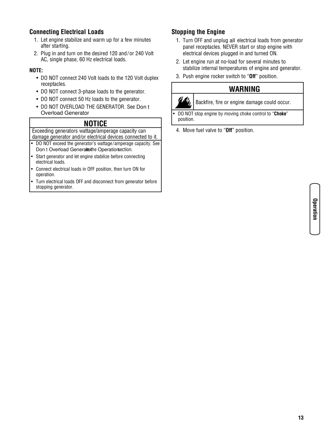 Briggs & Stratton 206494GS manual Connecting Electrical Loads, Stopping the Engine, Move fuel valve to Off position 