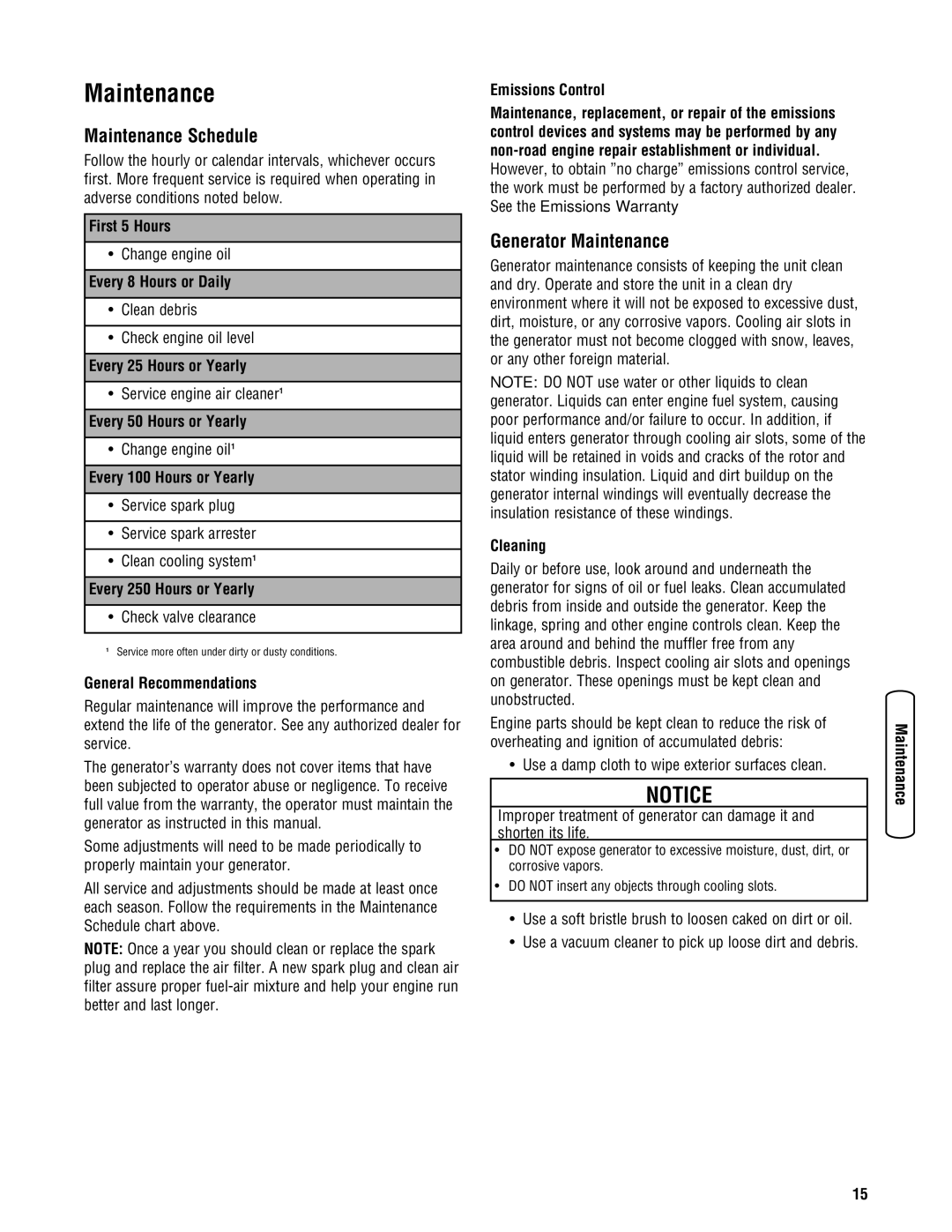 Briggs & Stratton 206494GS manual Maintenance Schedule, Generator Maintenance 