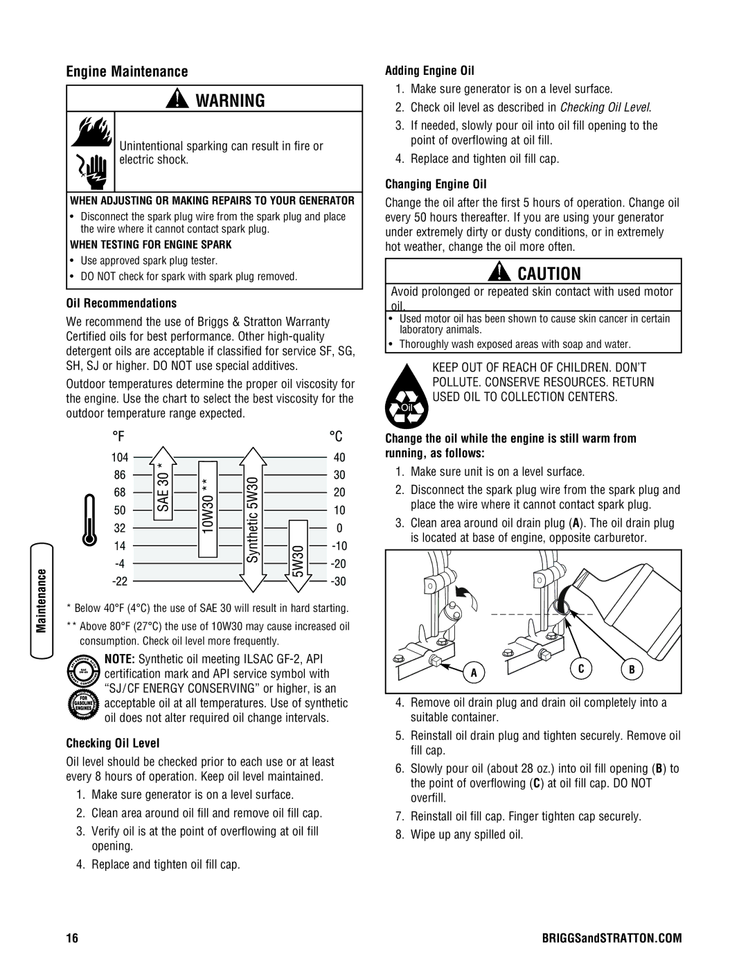 Briggs & Stratton 206494GS manual Engine Maintenance, Oil Recommendations, Checking Oil Level, Adding Engine Oil 