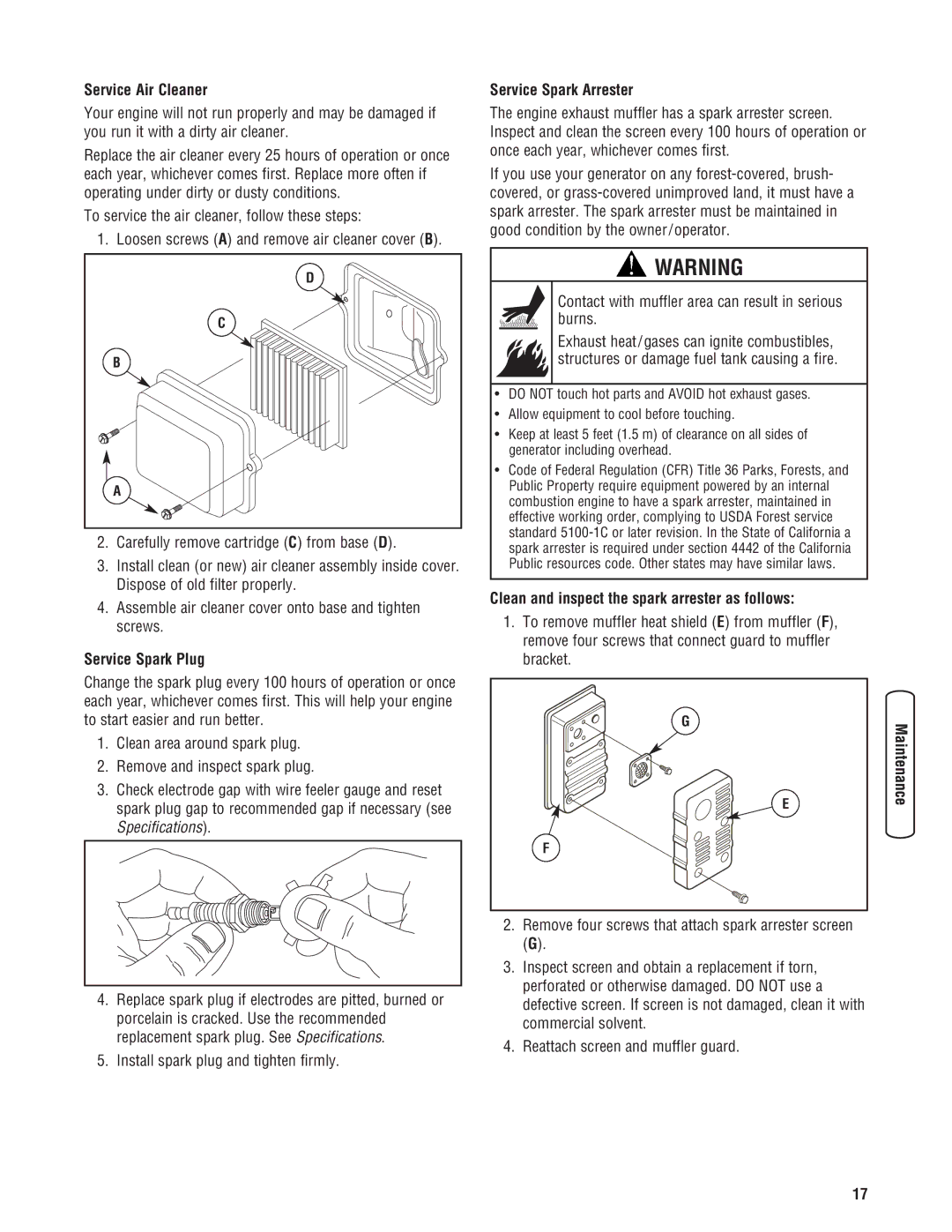 Briggs & Stratton 206494GS manual Service Air Cleaner, Carefully remove cartridge C from base D, Service Spark Plug 