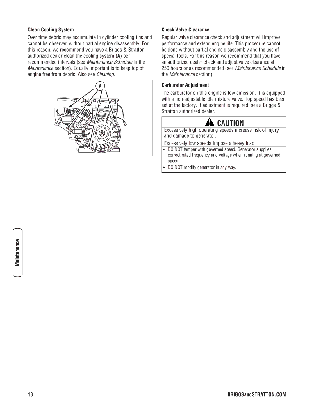 Briggs & Stratton 206494GS manual Clean Cooling System, Check Valve Clearance, Carburetor Adjustment 