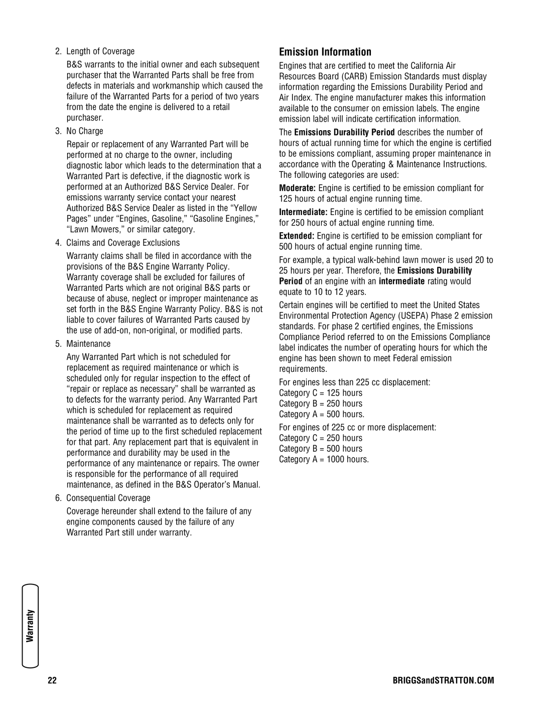 Briggs & Stratton 206494GS manual Emission Information, Claims and Coverage Exclusions, Maintenance 