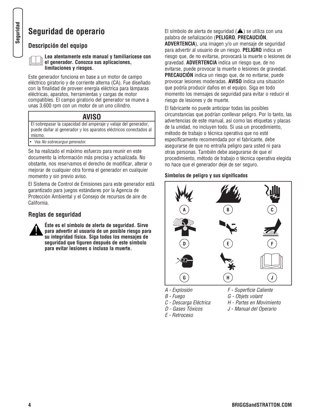 Briggs & Stratton 206494GS manual Seguridad de operario, Descripción del equipo, Reglas de seguridad 