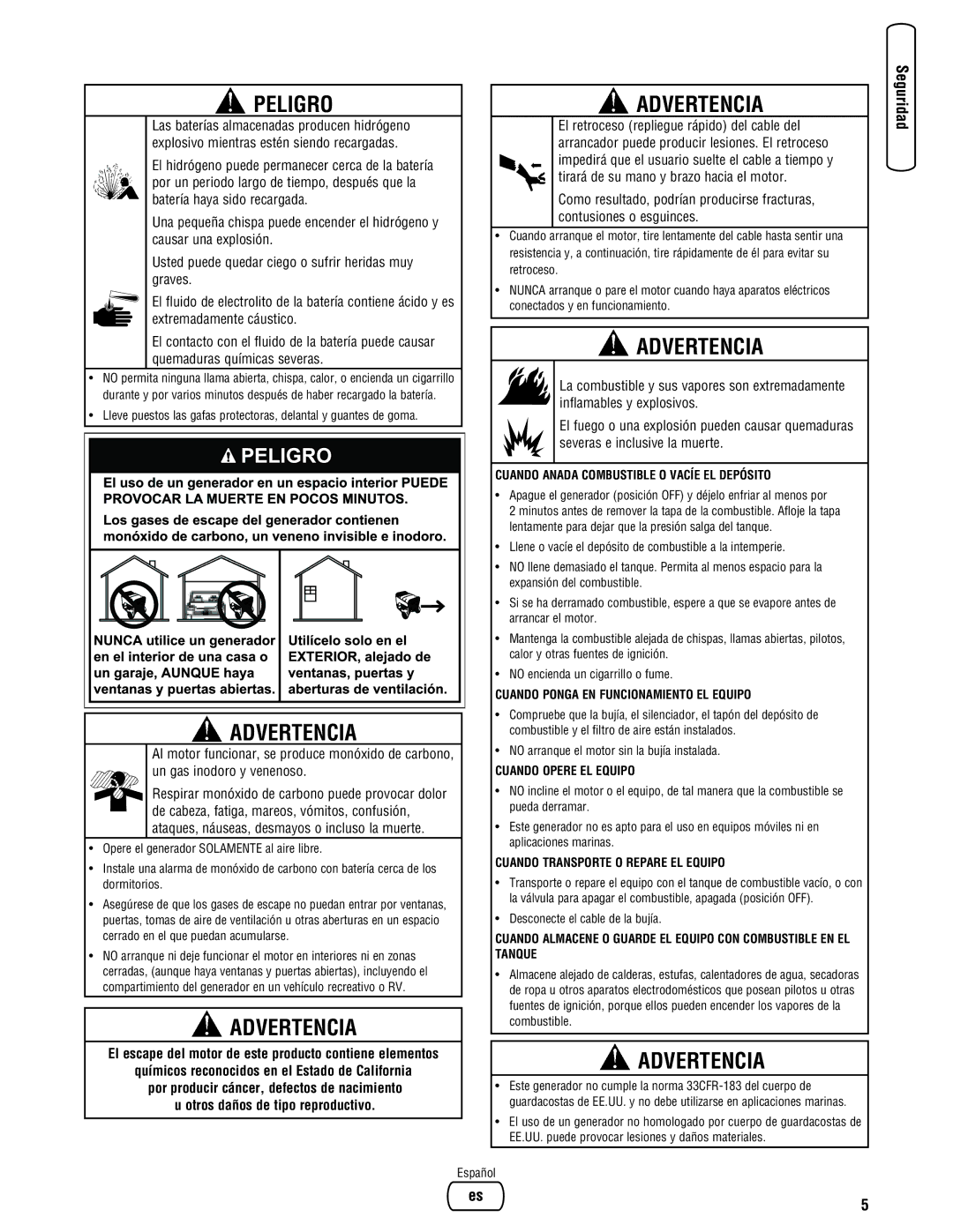 Briggs & Stratton 206494GS manual Peligro 