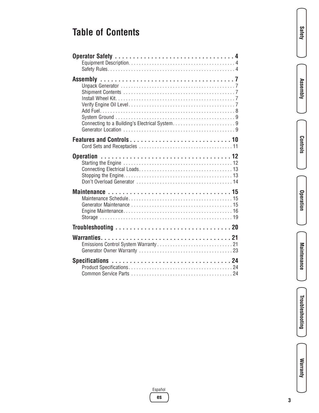 Briggs & Stratton 206494GS manual Table of Contents 