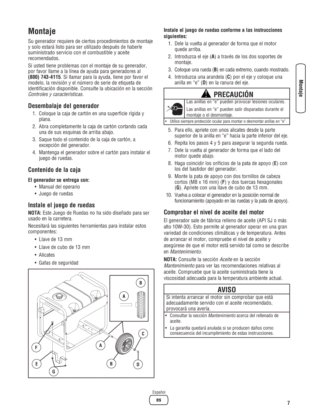 Briggs & Stratton 206494GS manual Montaje, Desembalaje del generador, Contenido de la caja, Instale el juego de ruedas 