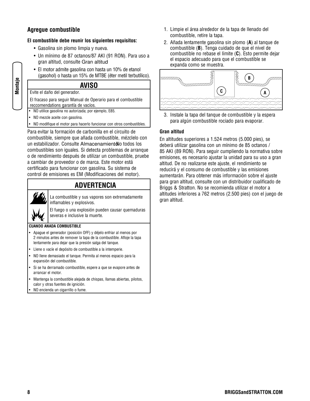 Briggs & Stratton 206494GS manual Agregue combustible, El combustible debe reunir los siguientes requisitos, Gran altitud 