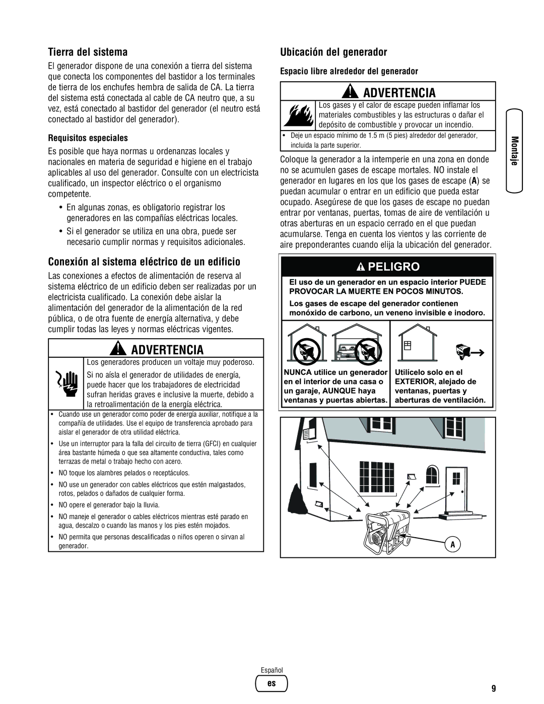 Briggs & Stratton 206494GS manual Tierra del sistema, Conexión al sistema eléctrico de un edificio, Ubicación del generador 