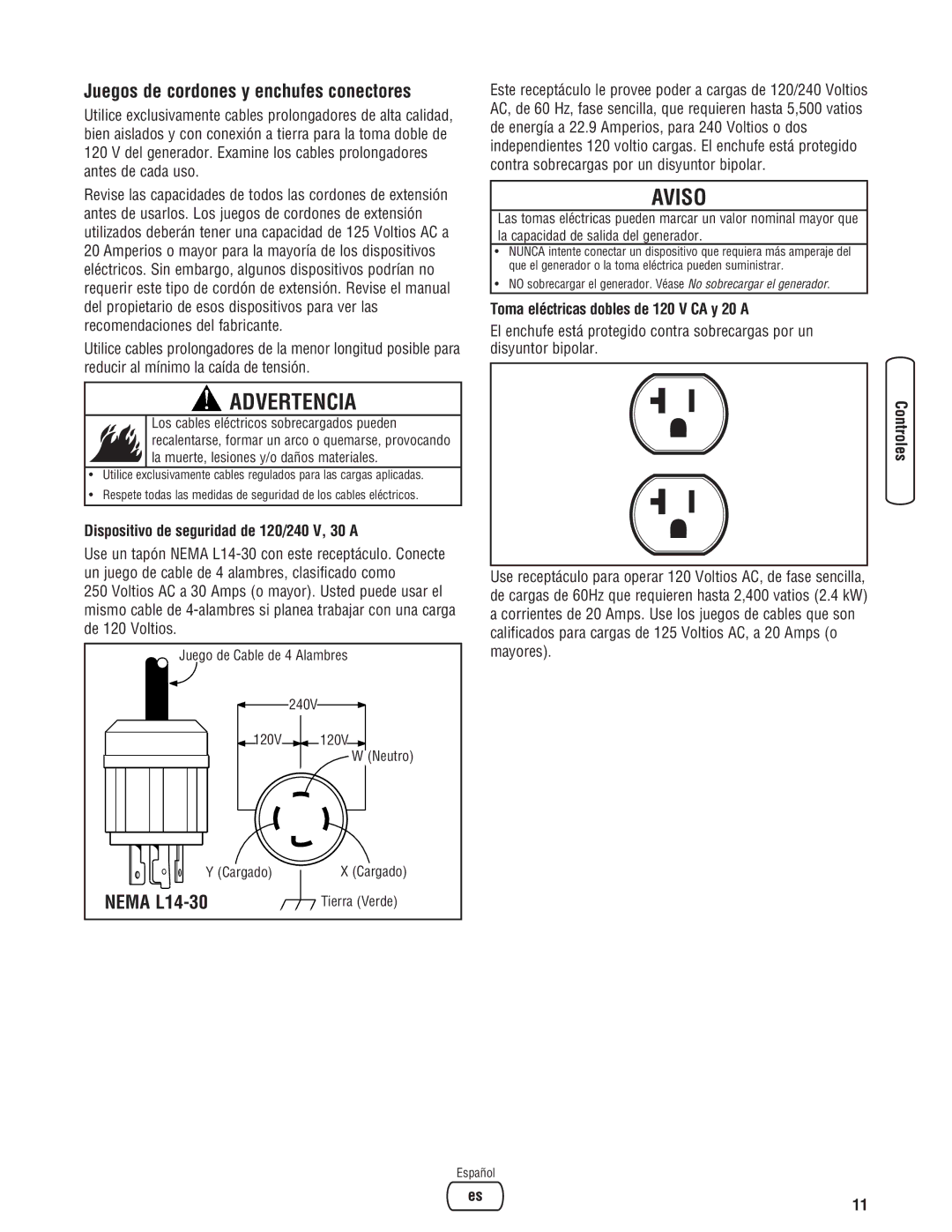 Briggs & Stratton 206494GS manual Juegos de cordones y enchufes conectores, Dispositivo de seguridad de 120/240 V, 30 a 