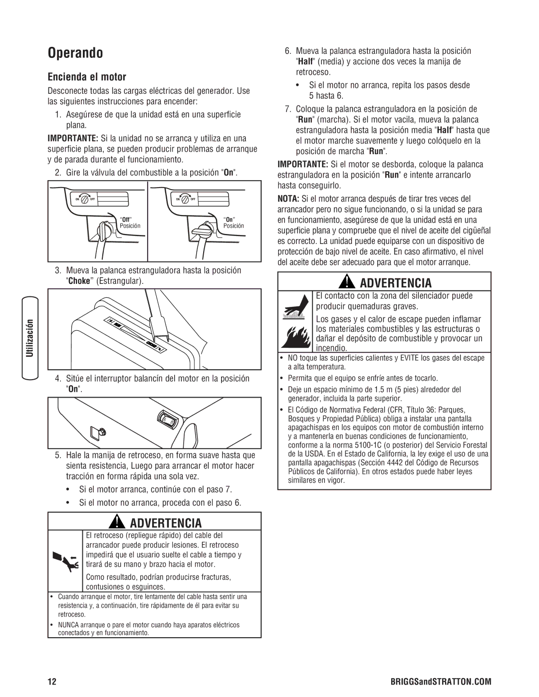 Briggs & Stratton 206494GS manual Operando, Encienda el motor 