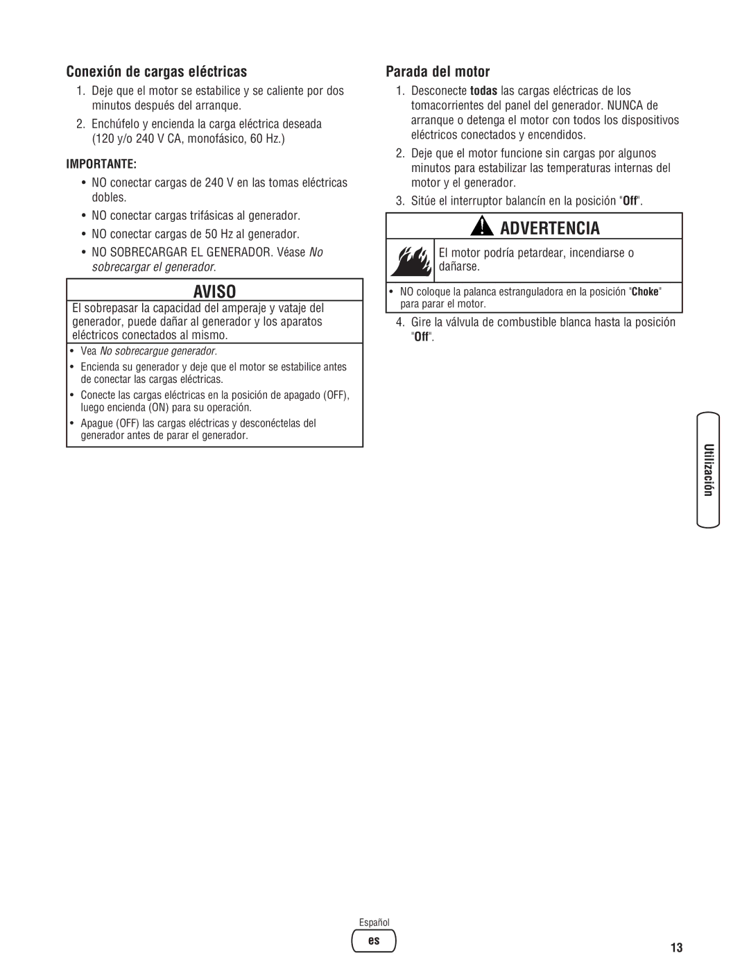 Briggs & Stratton 206494GS manual Conexión de cargas eléctricas, Parada del motor 