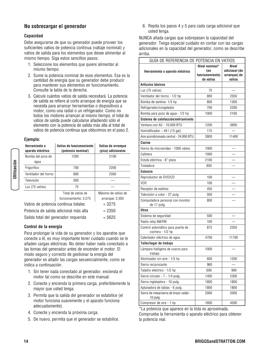 Briggs & Stratton 206494GS manual No sobrecargar el generador, Capacidad, Ejemplo, Control de la energía 