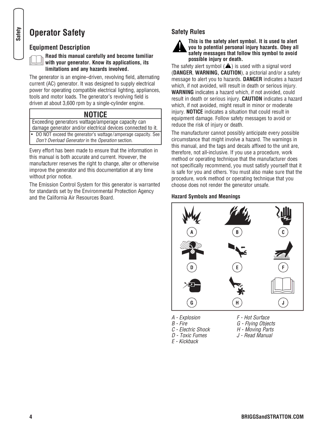 Briggs & Stratton 206494GS manual Operator Safety, Equipment Description, Safety Rules, Hazard Symbols and Meanings 