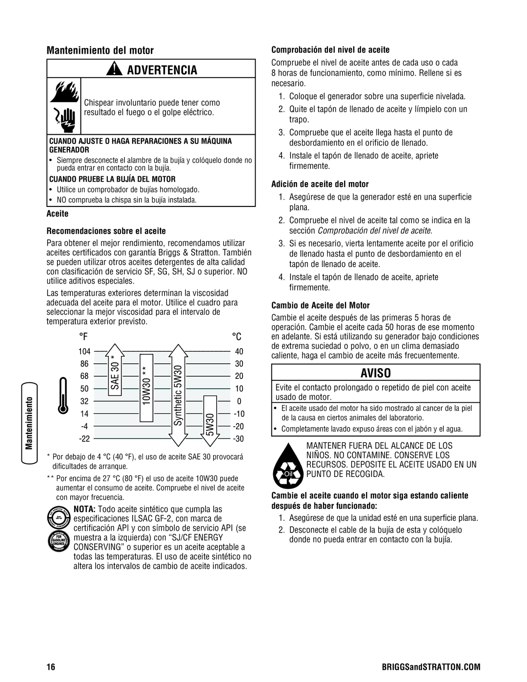 Briggs & Stratton 206494GS Mantenimiento del motor, Aceite Recomendaciones sobre el aceite, Adición de aceite del motor 