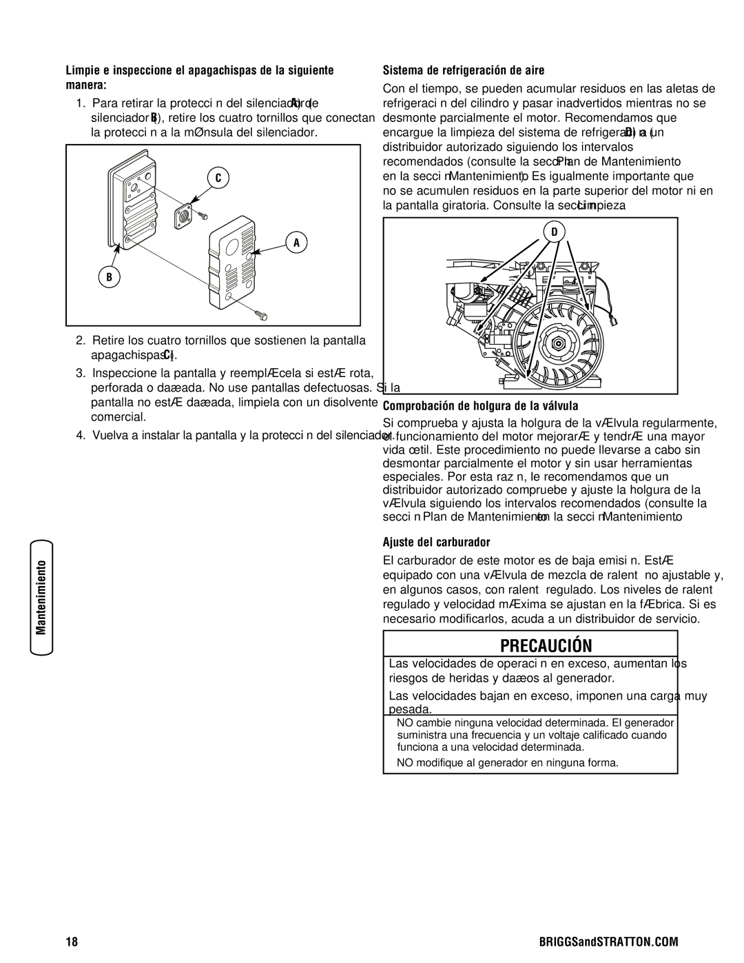 Briggs & Stratton 206494GS Limpie e inspeccione el apagachispas de la siguiente manera, Sistema de refrigeración de aire 