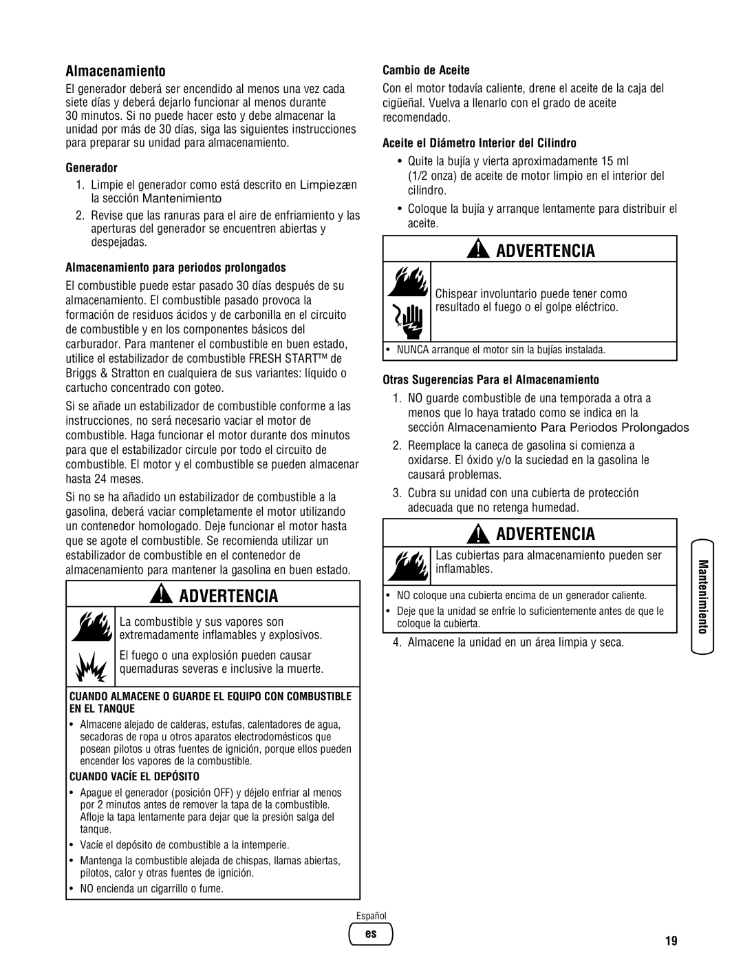 Briggs & Stratton 206494GS manual Almacenamiento 